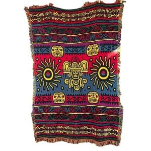 Mayan Aztec Native Woven Throw Fringed Bright Multicolor Tribal Design 49x72 GUC